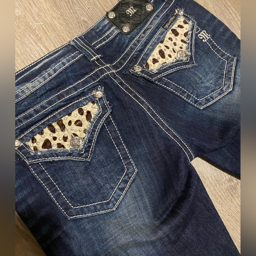 Miss Me Low Rise Boot Cut Jeans JW5188B4V Dark Wash Leopard Pocket 29 - Picture 7 of 10